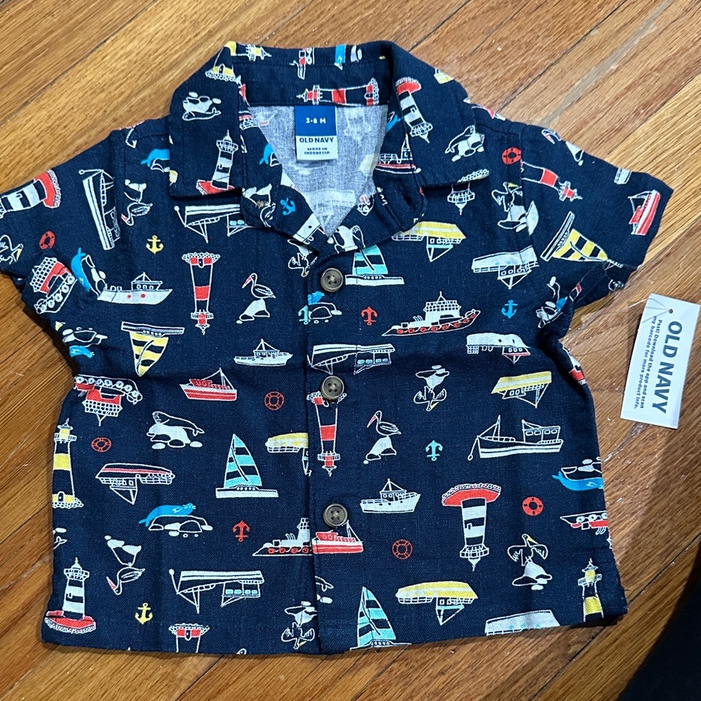 Old Navy Navy Short-Sleeve Button-Down with Nautical Print